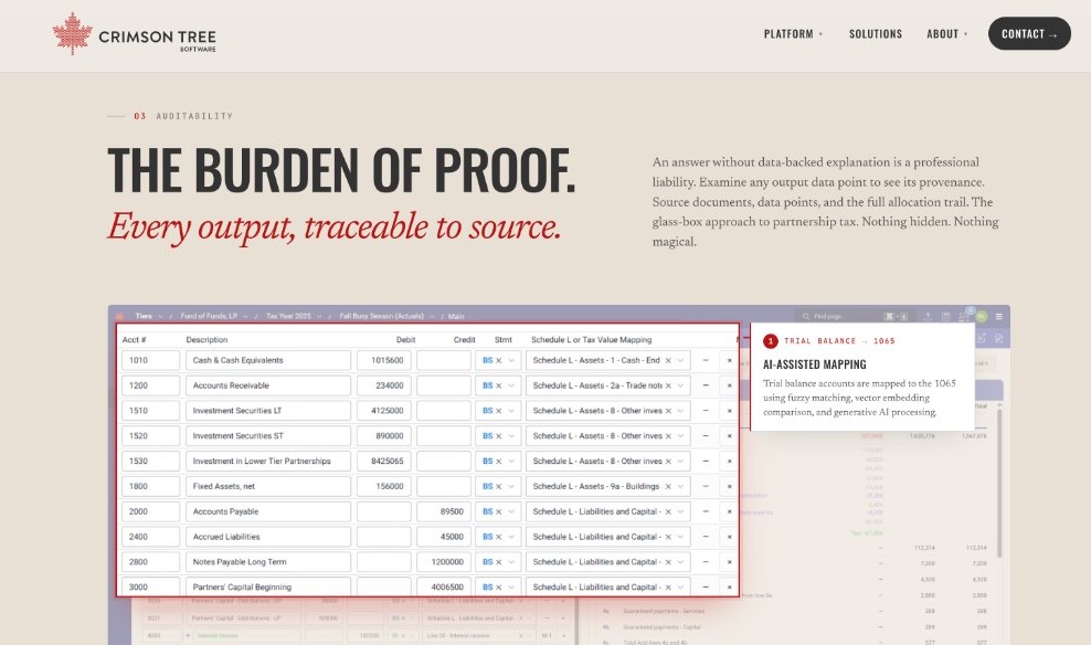 The Burden of Proof section on the Crimson Tree homepage, with a guided tour of TIERS trial-balance mapping