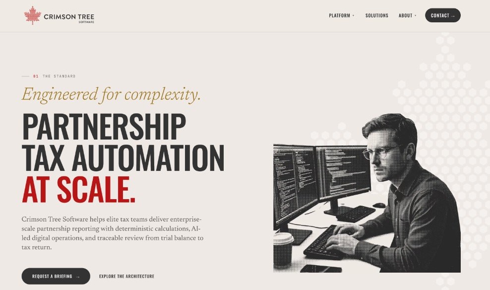 Crimson Tree Software homepage hero: partnership tax automation at scale